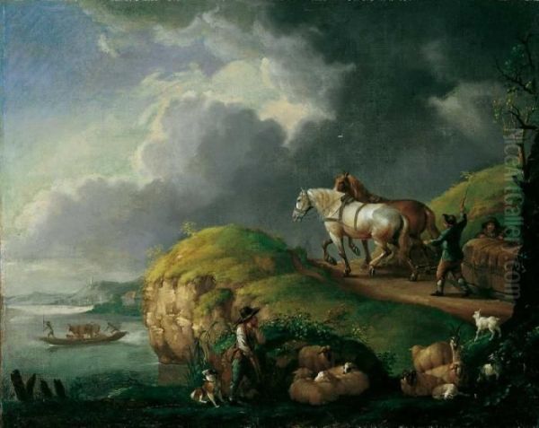 Flusslandschaft Mit Pferdegespann. Oil Painting by Pieter Wouwermans or Wouwerman