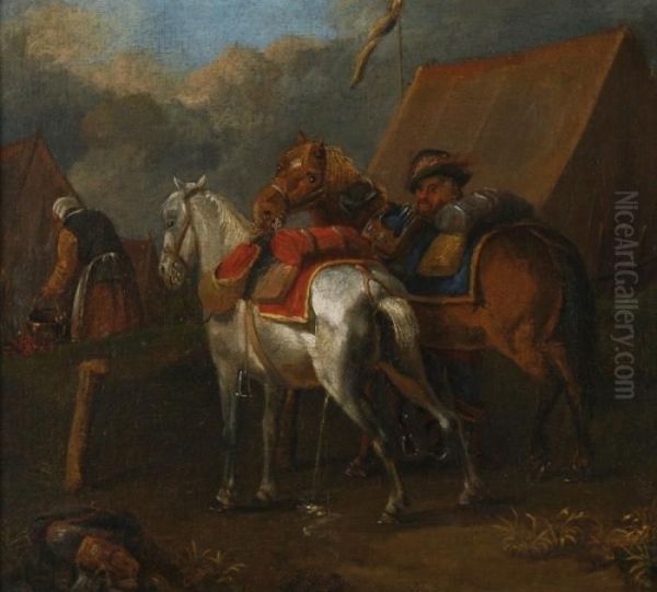 Camp With Tents,men And Two Horses Oil Painting by Pieter Wouwermans or Wouwerman