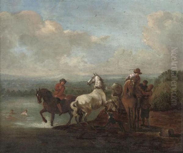 A River Landscape With Riders Breaking In A Horse Oil Painting by Pieter Wouwermans or Wouwerman