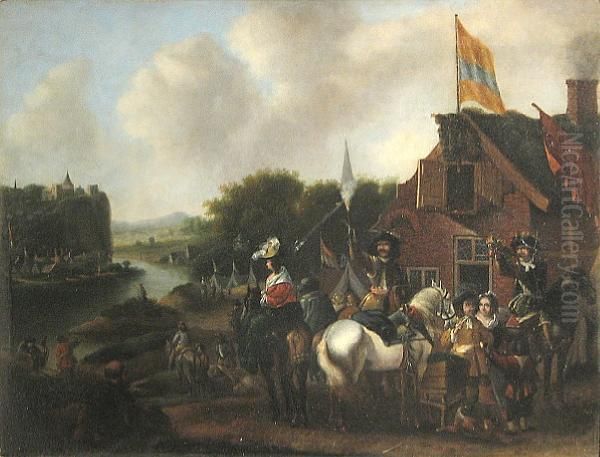 Travellers Outside An Inn Oil Painting by Pieter Wouwermans or Wouwerman