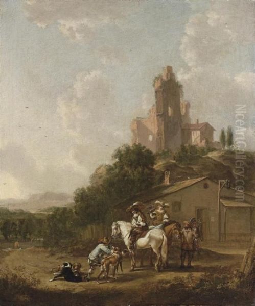 A Hawking Party At Rest Outside An Inn, An Extensive Landscapebeyond Oil Painting by Pieter Wouwermans or Wouwerman