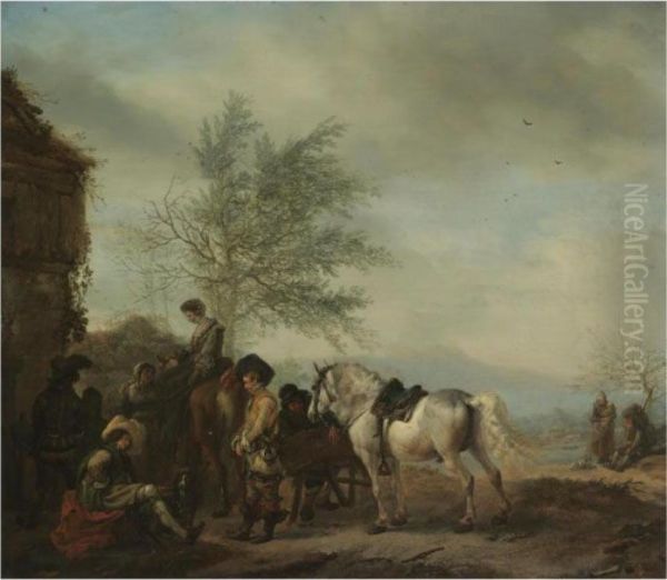 A Lakeside Halt With Travellers Resting Oil Painting by Pieter Wouwermans or Wouwerman