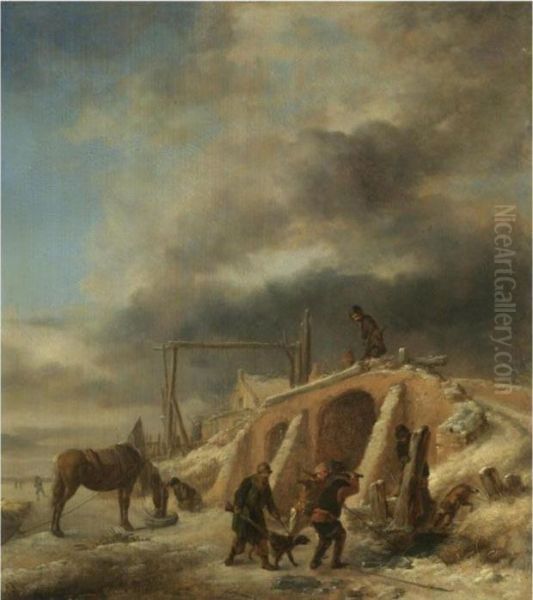 A Winter Landscape, With Figures By A Bridge Over A Frozenstream Oil Painting by Pieter Wouwermans or Wouwerman