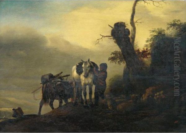 Un Palefrenier Aupres De Chevaux Et Moutons Oil Painting by Pieter Wouwermans or Wouwerman