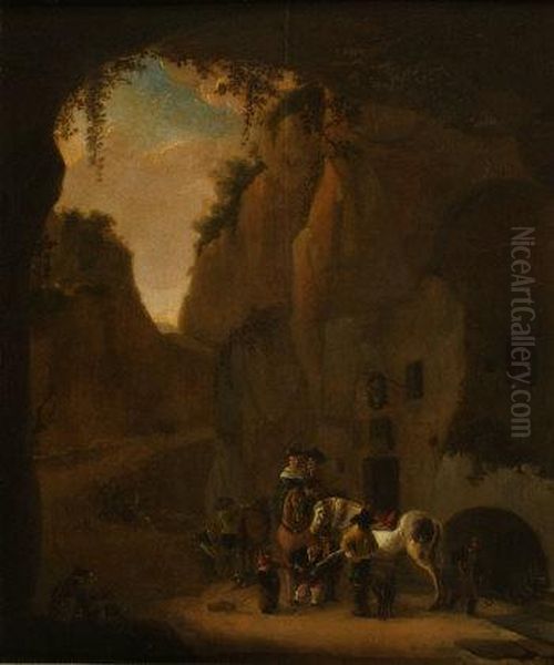 Elegant Equestrian Party Outside A Mountain Inn Oil Painting by Pieter Wouwermans or Wouwerman