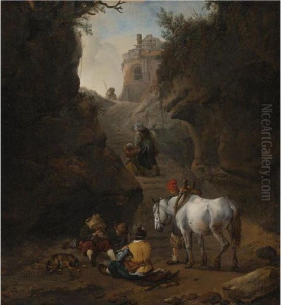 Peasants Playing Cards By A White Horse In A Rocky Gully Oil Painting by Pieter Wouwermans or Wouwerman