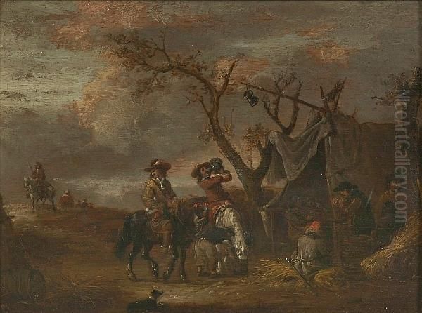 A Roadside Encampment Oil Painting by Pieter Wouwermans or Wouwerman