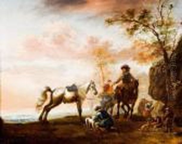 La Halte Des Cavaliers Oil Painting by Pieter Wouwermans or Wouwerman