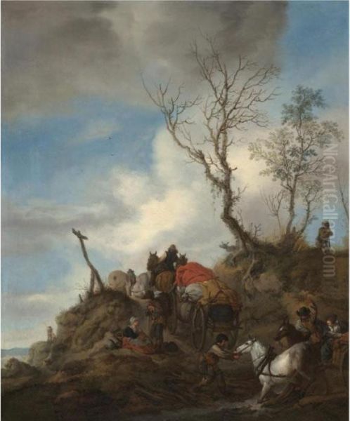 Horse-wagons On A Rough Road Oil Painting by Pieter Wouwermans or Wouwerman