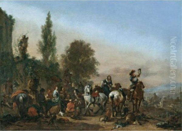 An Elegant Company Resting After A Hunt Oil Painting by Pieter Wouwermans or Wouwerman