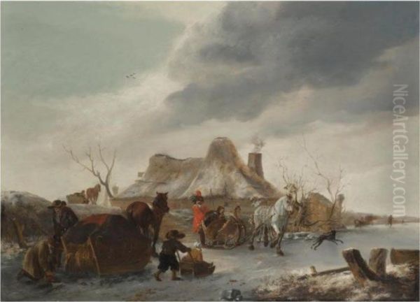 A Winter Landscape With Figures Traversing A Frozen Lake Oil Painting by Pieter Wouwermans or Wouwerman