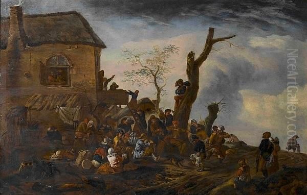 Peasants Making Music Outside An Inn Oil Painting by Pieter Wouwermans or Wouwerman