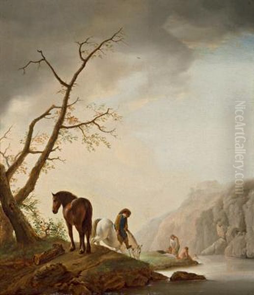 Cavaliere Con Cavalli A Un Abbeveratoio Oil Painting by Pieter Wouwermans or Wouwerman