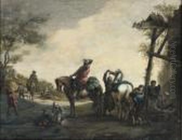 Horsemen Outside A Blacksmith's With Chlidren Playing Nearby Oil Painting by Pieter Wouwermans or Wouwerman