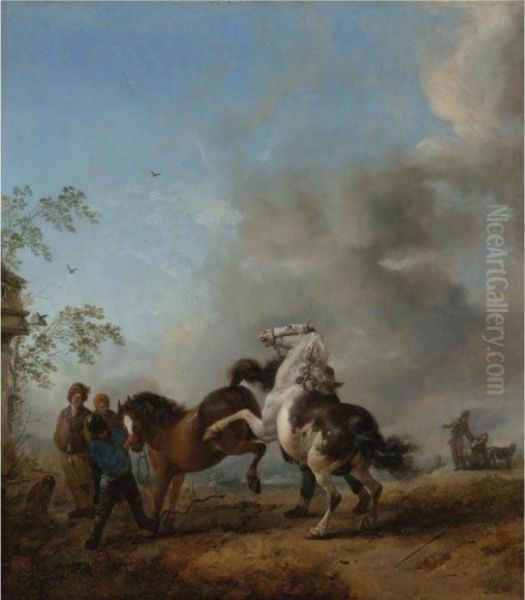 A Mare And A Stallion In Front Of A House Oil Painting by Pieter Wouwermans or Wouwerman