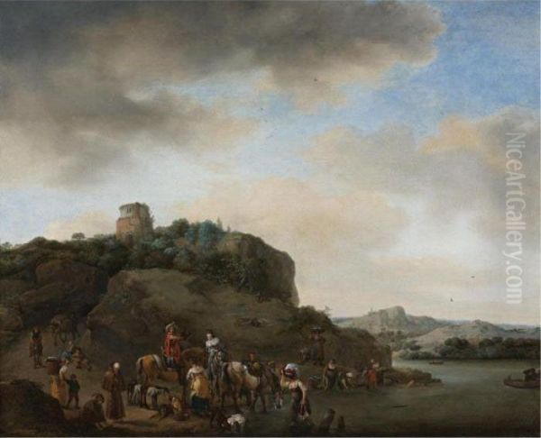 Landscape With A Hawking Party Stopped By A River Oil Painting by Pieter Wouwermans or Wouwerman