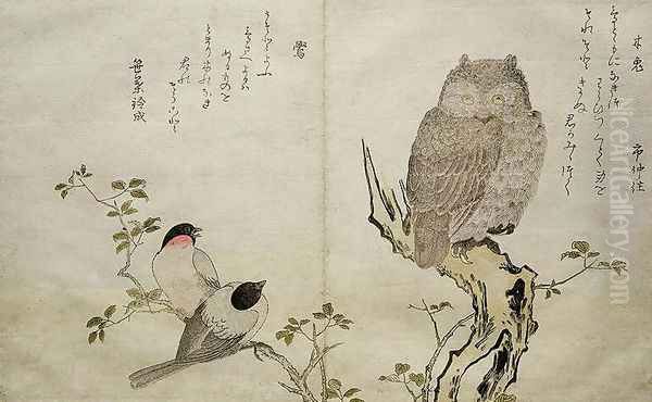 An Owl and two Eastern Bullfinches, from an album Birds compared in Humorous Songs, Contest of Poetry of the 100 and 1000 birds, 1791 Oil Painting by Kitagawa Utamaro