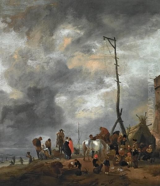 Fishermen On The Beach Oil Painting by Pieter Wouwermans or Wouwerman