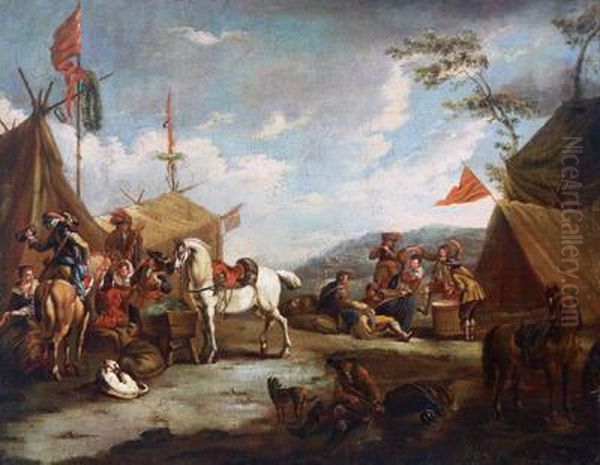 Cavaliere In Riposo Davanti A Una Tenda Di Vivandieri Oil Painting by Pieter Wouwermans or Wouwerman