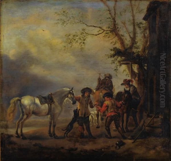 A Hunting Party Departing From An Inn Oil Painting by Pieter Wouwermans or Wouwerman