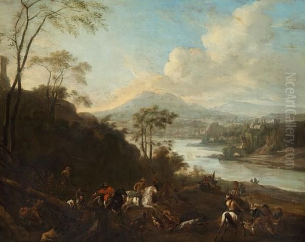 Philip Wouverman Style Of, 18th Century: Hunting For Wild Boars Along A River by Pieter Wouwermans or Wouwerman