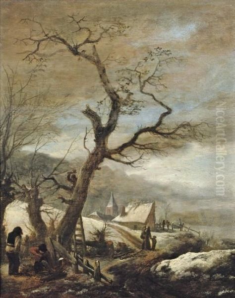 A Winter Landscape With Woodcutters And Travellers On A Path, A Village Beyond Oil Painting by Pieter Wouwermans or Wouwerman