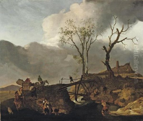 A Rocky River Landscape With Travellers On A Track Crossing A Wooden Bridge Oil Painting by Pieter Wouwermans or Wouwerman