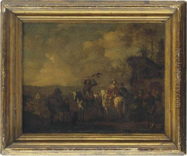 Elegant Figures Returning From A Hunt Oil Painting by Pieter Wouwermans or Wouwerman