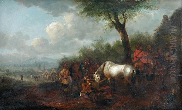 A Military Encampment Oil Painting by Pieter Wouwermans or Wouwerman