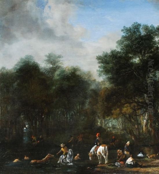 Reiter An Einer Furt Oil Painting by Pieter Wouwermans or Wouwerman