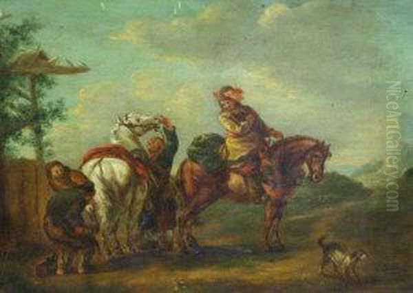 Travellers Shoeing A Horse Oil Painting by Pieter Wouwermans or Wouwerman