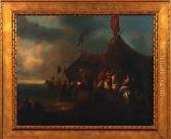 Military Encampment Scene With Officers On Horseback Oil Painting by Pieter Wouwermans or Wouwerman