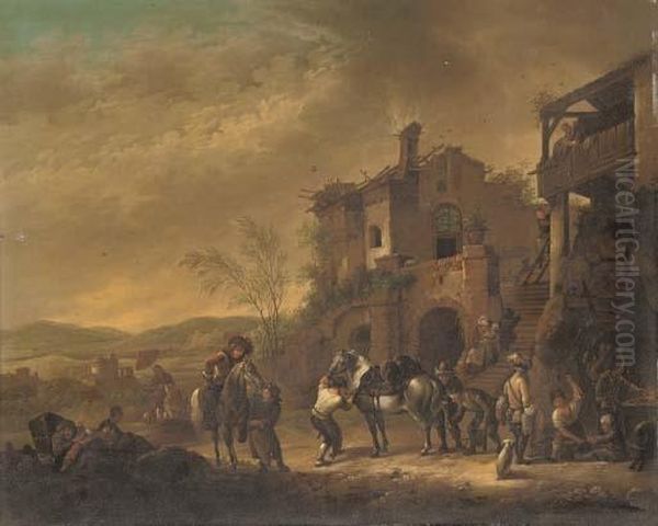 Cavalrymen At Rest By A Farrier; And Cavalrymen Setting Out From A Barn Oil Painting by Pieter Wouwermans or Wouwerman