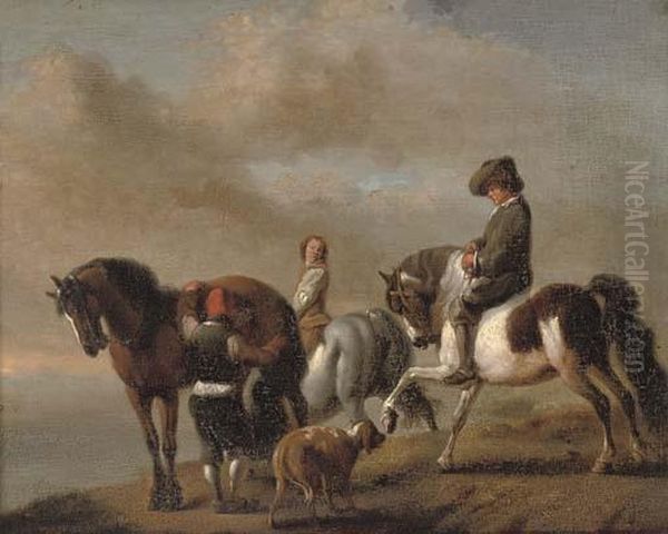 A Landscape With Horsemen By A Bank Oil Painting by Pieter Wouwermans or Wouwerman