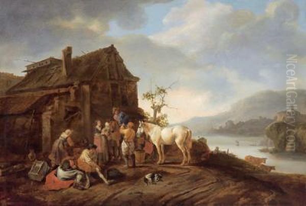 Del Xviii Secolo Cavaliere In Sosta E Altre Figure Di Fronte A Una Locanda Oil Painting by Pieter Wouwermans or Wouwerman