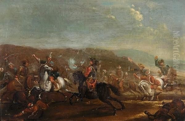 A Cavalry Battle Scene Oil Painting by Pieter Wouwermans or Wouwerman