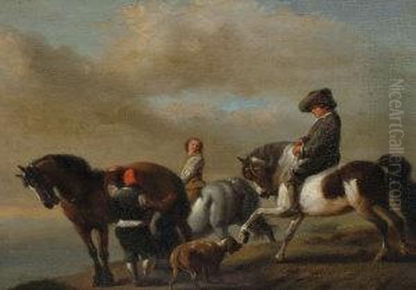 Horsemen On A Hillside Oil Painting by Pieter Wouwermans or Wouwerman