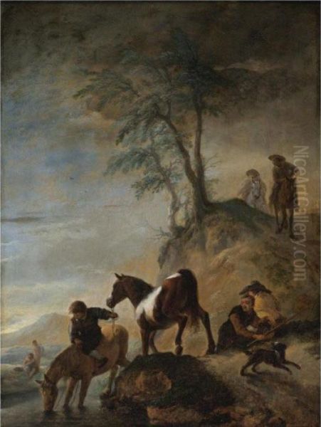 Riders Watering Their Horses At A River by Pieter Wouwermans or Wouwerman