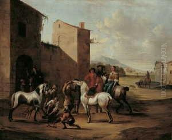 Nachfolge Beim Hufschmied. Ol Auf Leinwand Oil Painting by Pieter Wouwermans or Wouwerman