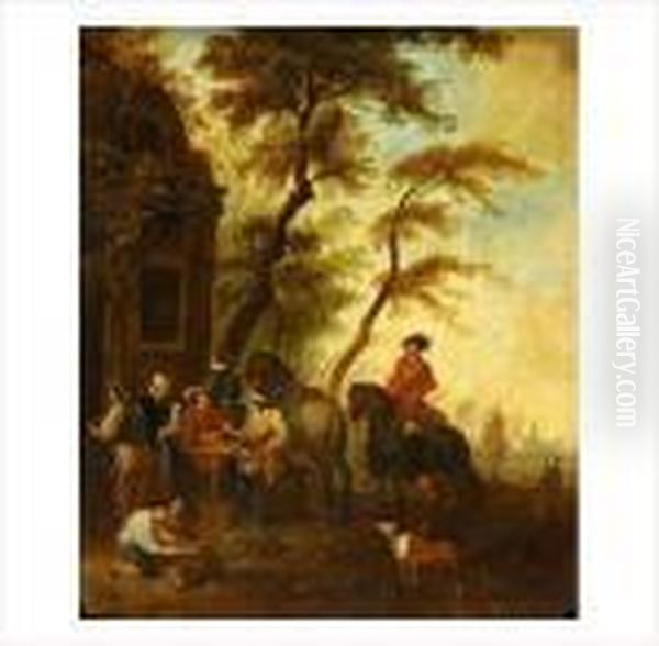 Joueurs De Cartes Et Cavaliers Devant Une Auberge Oil Painting by Pieter Wouwermans or Wouwerman