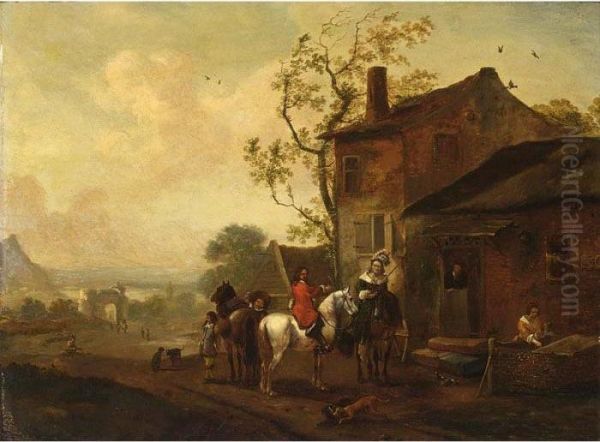 An Elegant Hunting Party Near An Inn Oil Painting by Pieter Wouwermans or Wouwerman