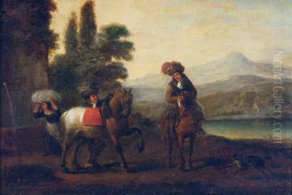 An Elegant Figure On Horseback With A Groom In A Landscape Oil Painting by Pieter Wouwermans or Wouwerman