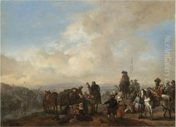 Landscape With Cavalrymen Crossing A Ford And Peasants Taking Refreshment From A Wagon Oil Painting by Pieter Wouwermans or Wouwerman