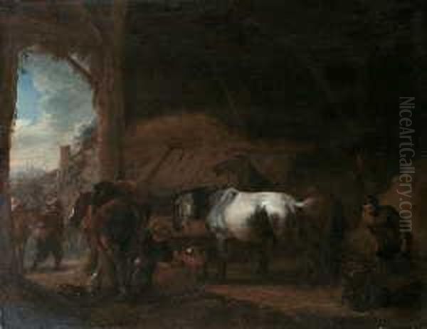 Ein Kleiner Pferdestall.

 Monogrammiert Unten Rechts: Phw.

 Ol Auf Holz. H 27; B 35 Oil Painting by Pieter Wouwermans or Wouwerman