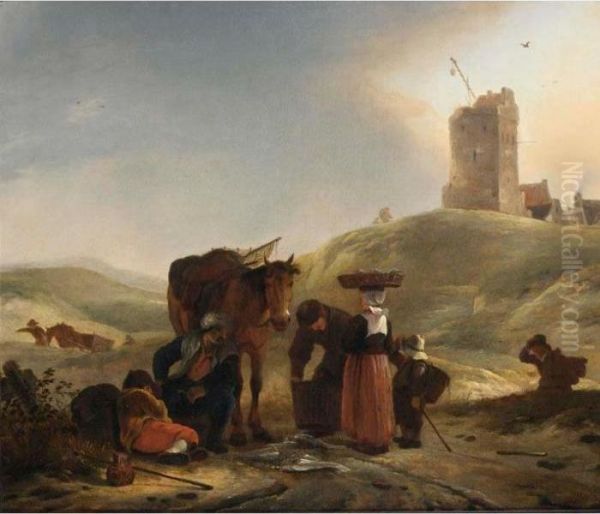 A Dune Landscape With 
Fishmongers Selling Their Ware An Dtravellers On A Path, A Light House 
Beyond Oil Painting by Pieter Wouwermans or Wouwerman