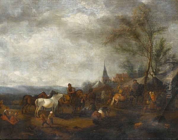 Horsemen Resting Outside An Encampment A View To A Village Beyond Oil Painting by Pieter Wouwermans or Wouwerman