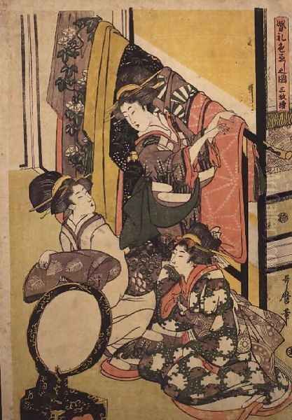 Three girls in a clothes shop Oil Painting by Kitagawa Utamaro