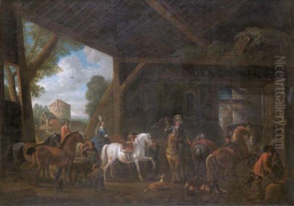 A Barn Interior With An Elegant Company Preparing For A Hunt Oil Painting by Pieter Wouwermans or Wouwerman