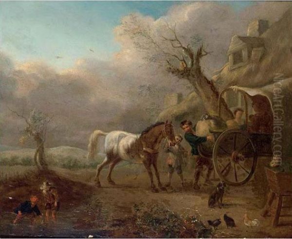 A Landscape With Travellers Unloading Their Wagon Near A Barn Oil Painting by Pieter Wouwermans or Wouwerman