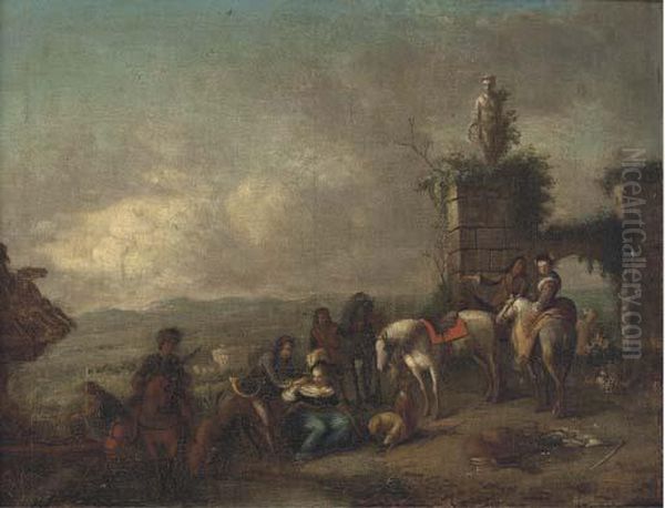 A Hunting Party At Rest In A Landscape Oil Painting by Pieter Wouwermans or Wouwerman